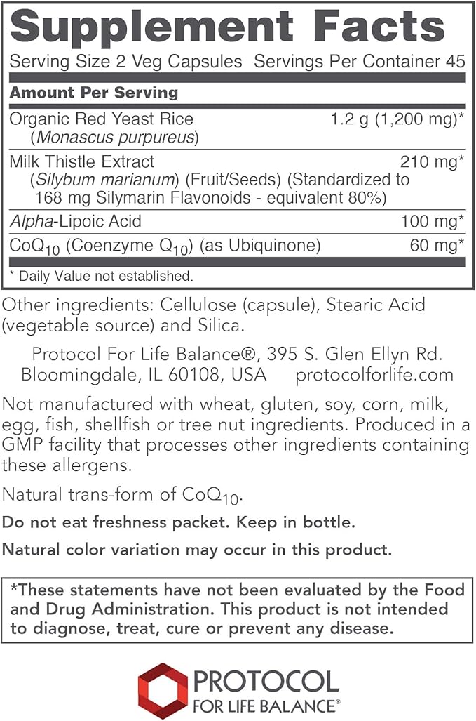 Protocol Red Yeast Rice Plus 600mg - ALA, CoQ10, Milk Thistle - Heart, Liver - 90 Veg Caps