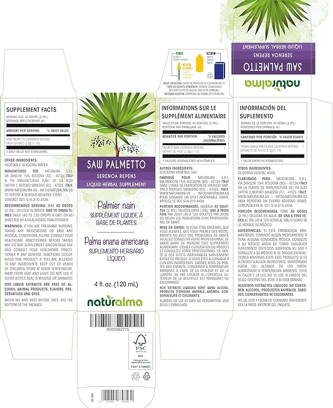 Naturalma Saw Palmetto (Serenoa repens or Sabal serrulata) Fruit Alcohol-Free Tincture 4 fl oz Liquid Extract in Drops | Herbal Supplement | Vegan | Product of Italy