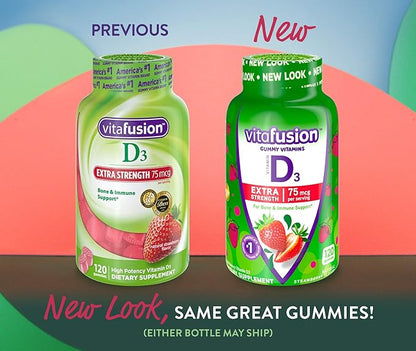 Vitafusion Extra Strength Vitamin D3 Gummy Strawberry Flavored Bone & Immune Support (120 Count) + Cranberry Gummies for Women Urinary Health Support (60 Count)