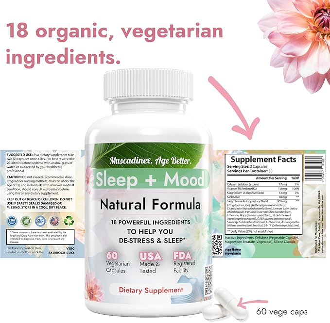 Organic Sleep Aid + Mood Blend. 18 Ingredients. Meditation in a Bottle. Natural, Vegetarian, 60 Caps. USA Made. Wake Up Refreshed with Ashwagandha, Melatonin, St Johns Wort.