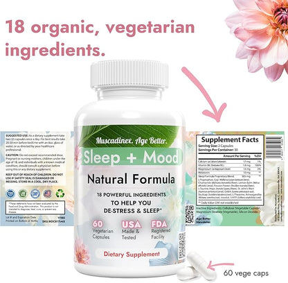 Organic Sleep Aid + Mood Blend. 18 Ingredients. Meditation in a Bottle. Natural, Vegetarian, 60 Caps. USA Made. Wake Up Refreshed with Ashwagandha, Melatonin, St Johns Wort.