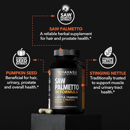 Saw Palmetto Supplement | Potent 3X Formula with Stinging Nettle + Pumpkin Seed Extract | DHT Blocker Urinary Health & Prostate Support Supplement for Mens Health | Saw Palmetto for Men 2 Month Supply