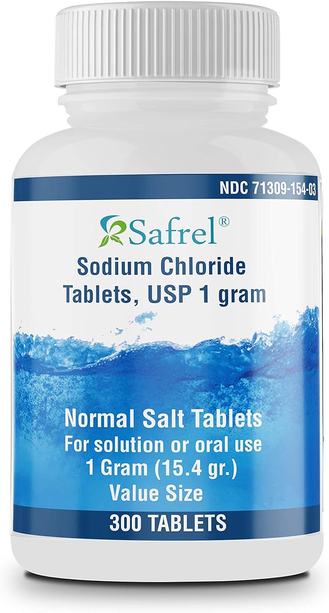 Safrel Sodium Chloride Tablets 1 gm, USP | Normal Salt Tablets | (15.4gr.) | Electrolytes Replenisher Hydration Drink (300 Count (Pack of 1))