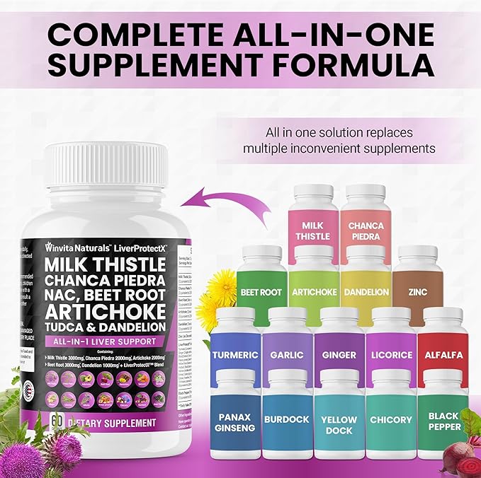 Milk Thistle 3000mg NAC Chanca Piedra 2000mg Beet Root 3000mg Artichoke 2000mg Dandelion 1000mg - Liver Health Support, Cleanse Detox & Repair Supplement Plus TUDCA Choline and Ginger Vegan Caps USA