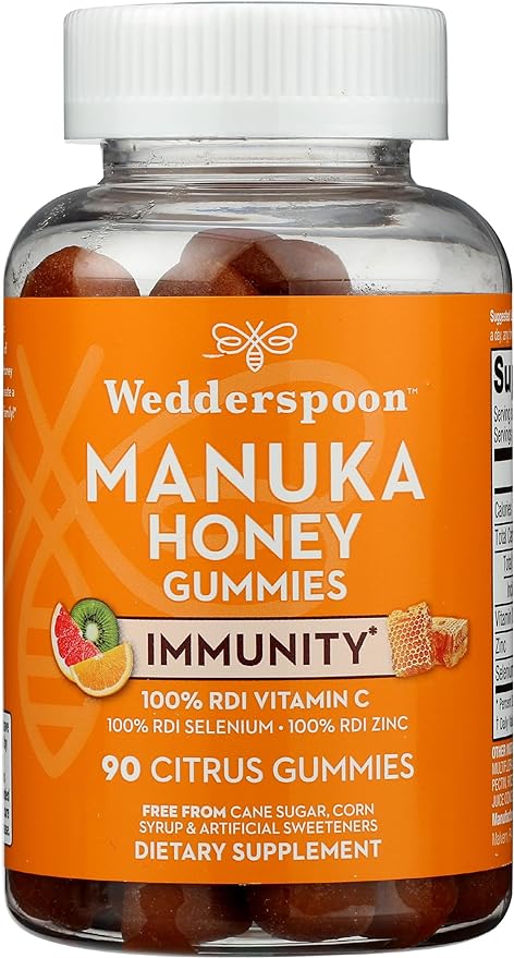 Wedderspoon Manuka Honey Immunity Gummies, Tangy Citrus, 90 Count | Chewable| Vitamin C & Zinc Support