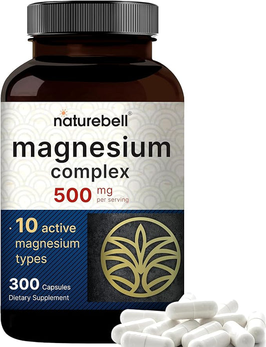 NatureBell Magnesium Complex Supplement 500mg, 300 Capsules | 10 Active Forms – Glycinate, Citrate, Taurate, Plus More | 100% Chelated & Purified | Bone, Heart, & Muscle Support | Non-GMO