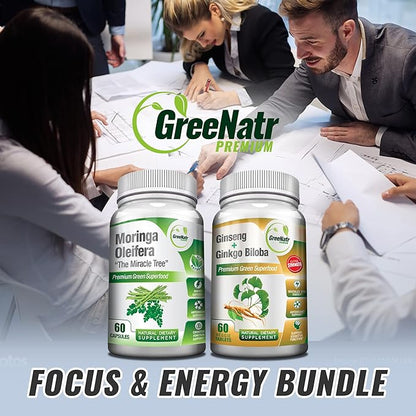 Focus an Energy Bundle Ginseng + Ginkgo Biloba Tablets + Moringa Oleifera Capsules - Traditional Energy Booster and Brain Sharpener - Unique Trio Supplement (2 Bottles)