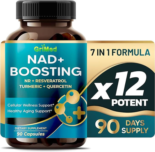 NAD + Boosting 16,550mg- x12 Power with NR + Resveratrol Turmeric + Quercetin - Cellular Energy, Cellular Repair, Healthy Aging - USA Made & Tested (90 Count (Pack of 1))