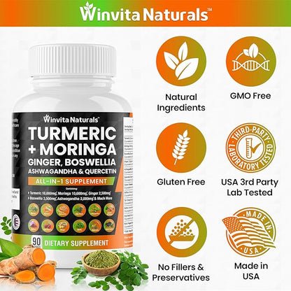 Turmeric Curcumin 10000mg Moringa 10000mg Boswellia 3500mg Ginger 2500mg Saffron 2000mg - Joint Support Supplement for Women and Men with Ceylon Cinnamon, Quercetin, Tart Cherry Vegan Capsules USA