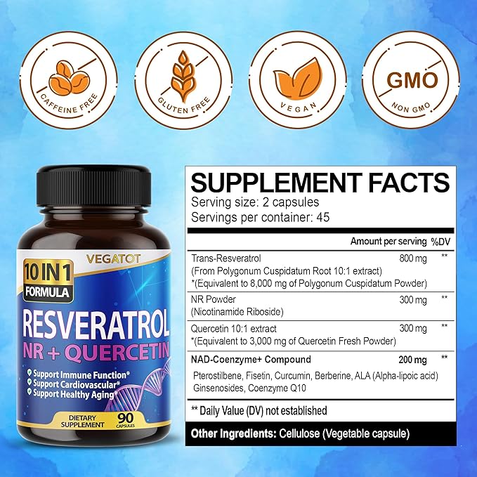 VEGATOT 10 in 1 High Strength Resveratrol 11,500MG with Quercetin Healthy Aging Immune Brain Boost Joint Support (90 Count (Pack of 1))