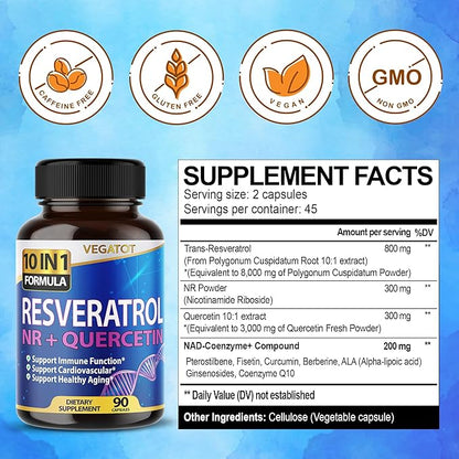 VEGATOT 10 in 1 High Strength Resveratrol 11,500MG with Quercetin Healthy Aging Immune Brain Boost Joint Support (90 Count (Pack of 1))