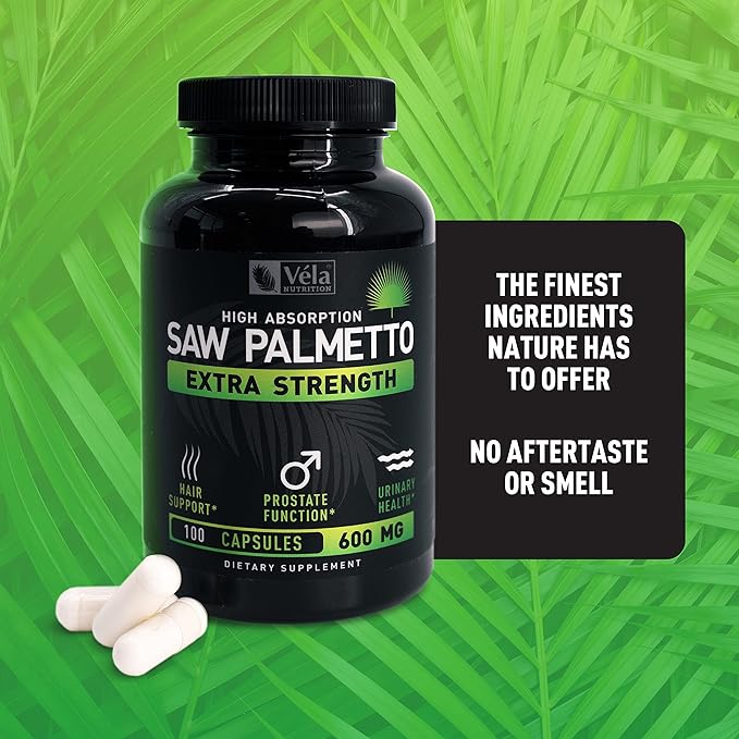 Vela Saw Palmetto Extra Strength High Absorption Supplement Capsules - No Bad Smell - 1 Capsule x Day - 600 mg