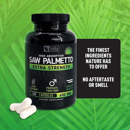 Vela Saw Palmetto Extra Strength High Absorption Supplement Capsules - No Bad Smell - 1 Capsule x Day - 600 mg