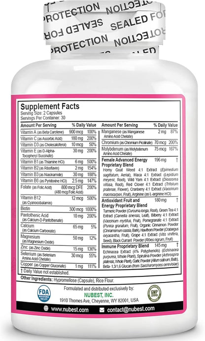 NuBest 39-in-1 Capsules Horny Goat Weed, Maca, Wild Yam, Red Clover, Cranberry, Arginine, Vitamins, Minerals, Herbals Supplement for Women by Women's Multi 18+ - Support Women's Health - Pack 3