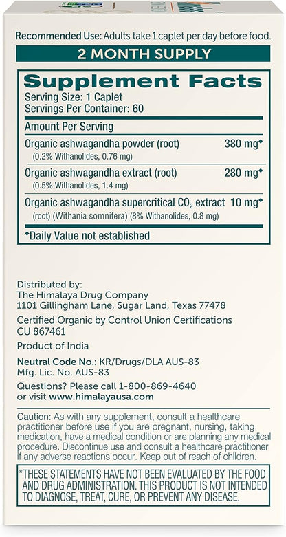 Himalaya Organic Ashwagandha, 60 Day Supply, Herbal Supplement for Stress Relief, Energy Support, Occasional Sleeplessness, Organic, Non-GMO, Vegan, Gluten Free, 670 mg, 60 Caplets