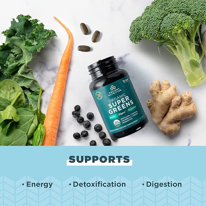 Ancient Nutrition Super Greens with Probiotics, Organic Superfood Tablets Made from Spirulina, Chlorella, Moringa, and a Resilient Probiotic, 30 Servings, 90 Count