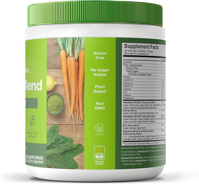 Amazing Grass Green Superfood Energy: Greens Powder with Plant Based Caffeine, Matcha Green Tea and Flax Seed, Nootropics Support, Lemon Lime, 30 Servings