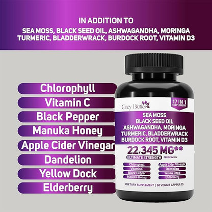 Sea Moss 6000mg, Black Seed Oil 4000mg, Turmeric 4000mg,Ashwagandha 2000mg, Burdock 2000mg, Bladderwrack 2000mg - Enhanced with Moringa 2000mg, Black Pepper, Vitamin C, Vitamin D3-60 Capsules