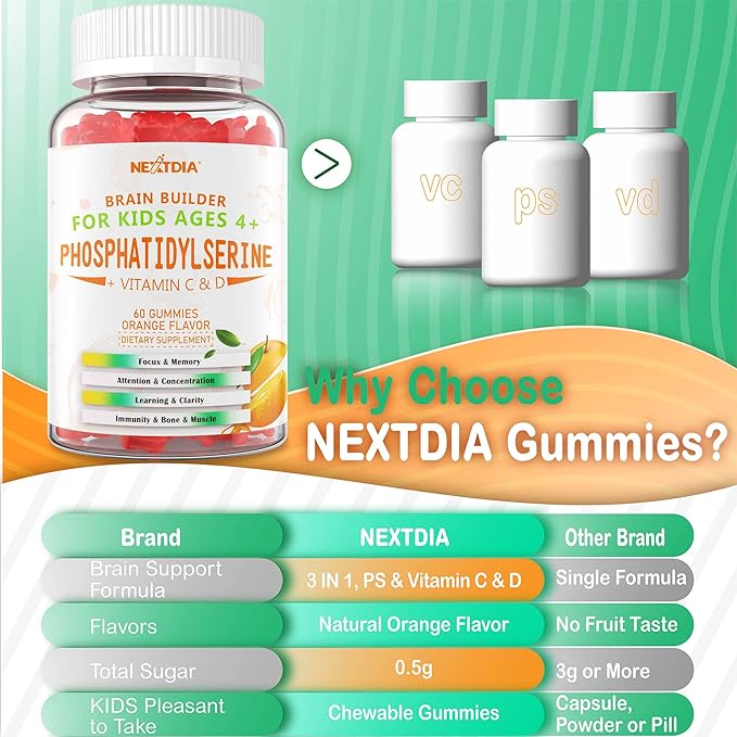 Phosphatidylserine Supplement for kids, Brain Focus Gummies, Phosphatidylserine 100mg + Vitamin D3 400IU, Vitamin C for Memory, Attention, Cognition, Bone & Immune Support, Tasty Orange Flavor, 120Cts