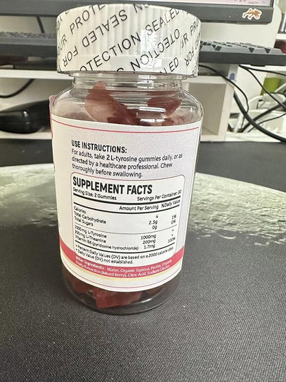 L Tyrosine Gummies 1000mg, L-Theanine Supplement gummy 200mg, Sugar Free L-Tyrosine with Vitamin B6 Energy Supplements for Adults & Kids - Support Mood Focus Gummies,Brain Memory,Vegan(120 Count)