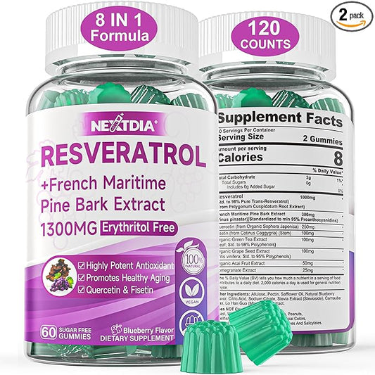 Resveratrol Supplement 1000mg - Sugar Free Resveratrol Gummies w/Pine Bark Extract, Quercetin, Fisetin & Grape Seed for Antioxidant, Heart, Healthy Aging & Brain, 98% Pure Trans Resveratrol, 120 Cts