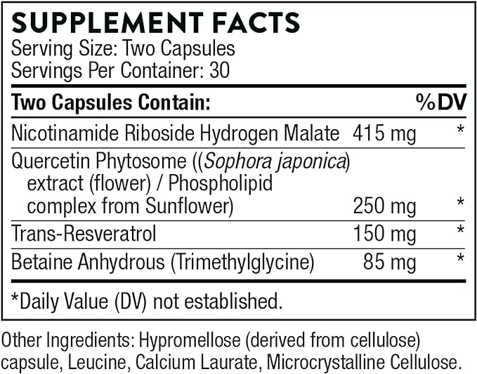 THORNE ResveraCel - Nicotinamide Riboside with Quercetin Phytosome and Resveratrol - Support Healthy Aging, Methylation, Cellular Energy Production and Metabolism - 60 Capsules - 30 Servings