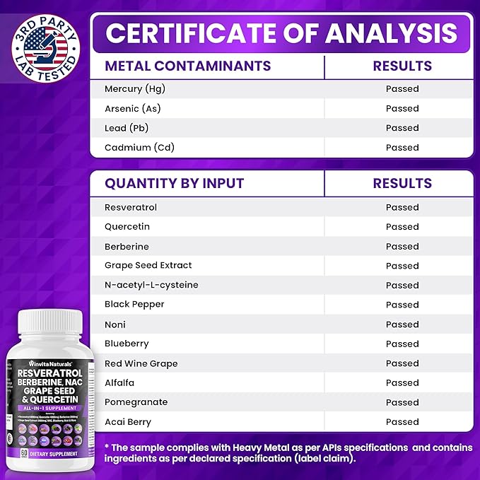 Resveratrol 6000mg Quercetin 4000mg Berberine 2000mg Grape Seed Extract 3000mg - Polyphenols Supplement for Men and Women with N-Acetyl Cysteine (NAC), Acai Berry Extract Vegan Capsules USA