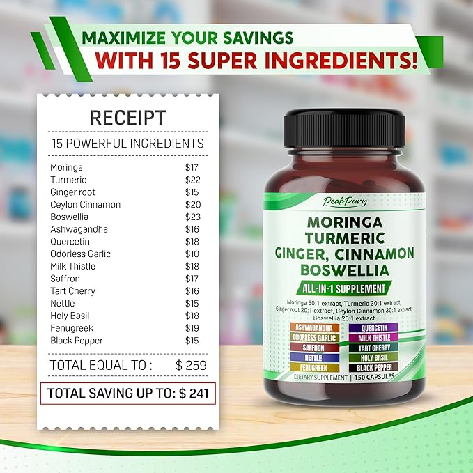 Moringa 50:1 Extract, Turmeric 30:1 Extract, Ginger Root 20:1 Extract, Ceylon Cinnamon 30:1 Extract, Boswellia 20:1 Extract - Made in USA