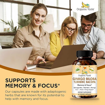 Organic Veda Ginkgo Biloba Turmeric Bacopa Brain Supplements for Memory & Focus - Ginkgo Biloba Brain Booster Supplement with Ashwagandha, Holy Basil, Moringa - Improves Energy Level - 60 Capsules