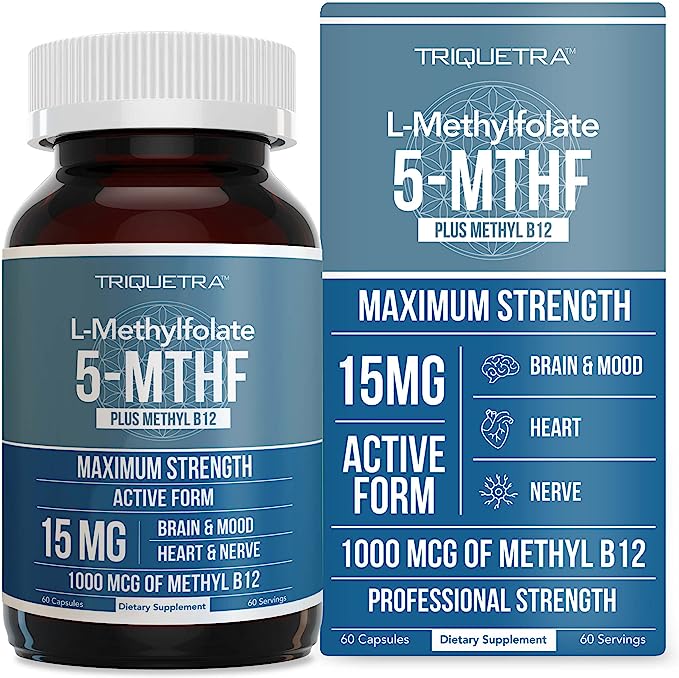 L Methyl Folate 15mg plus Methyl B12 Cofactor - Professional Strength, Active 5-MTHF Form - Supports Mood, Methylation, Cognition – Bioactive forms of Vitamin B9 & B12 (60 Capsules)