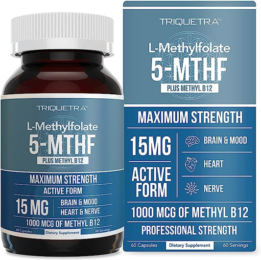 L Methyl Folate 15mg plus Methyl B12 Cofactor - Professional Strength, Active 5-MTHF Form - Supports Mood, Methylation, Cognition – Bioactive forms of Vitamin B9 & B12 (60 Capsules)