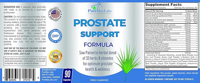 Prostate Support Formula for Men - Saw Palmetto, Plant Sterol, 33 Herbs, Bladder Control Pills to Reduce Frequent Urination & DHT Blocker to Prevent Hair Loss | Prostate Supplement | 90 Capsules