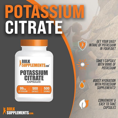 BulkSupplements.com Potassium Citrate Capsules - Potassium Supplement, Potassium Citrate 99mg - Potassium Citrate Supplement, Potassium Pills - 1 Capsule per Serving, 500 Capsules (Pack of 1)