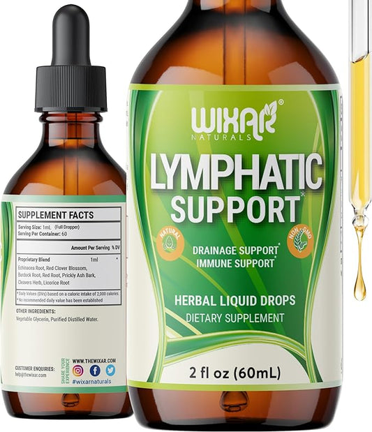 WIXAR Lymphatic Drainage Supplements Drops | 7 in 1 Herbal Lymph System Support Liquid | Immune Support with Echinacea, Licorice Root, Red Clover, Burdock Root, & Cleavers Herb | 2 fl oz