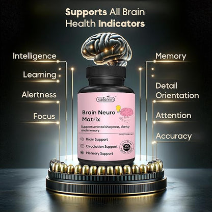 Nootropic Vitamin Brain Matrix- Ginkgo Biloba, Huperzine A, Bacopa Monnieri, L-Carnitine, Phosphatidylserine - Memory, Focus & Aging Support - 90 Tablets 3 Months' Supply. Decaffeinated