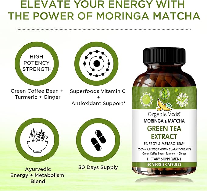 Organic Veda Moringa & Matcha Green Tea Extract Supplement with ECGC, Vitamin C & Antioxidant - Energy Boost & Metabolism Support Moringa Capsules with Green Coffee Bean, Turmeric & Ginger - 60 Count