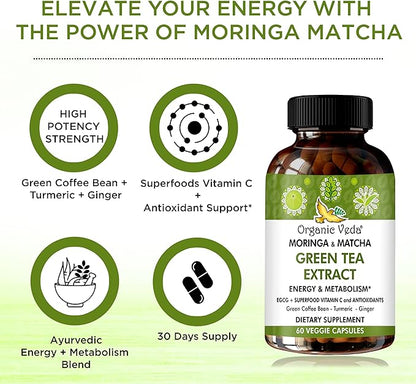 Organic Veda Moringa & Matcha Green Tea Extract Supplement with ECGC, Vitamin C & Antioxidant - Energy Boost & Metabolism Support Moringa Capsules with Green Coffee Bean, Turmeric & Ginger - 60 Count