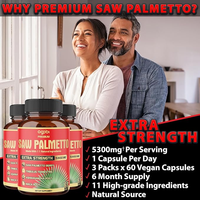 3 Packs - Total 180 Capsules - 11in1 Saw Palmetto Capsules 5300 mg - with Ashwagandha, Turmeric, Tribulus, Maca, Green Tea, Holy Basil & More - Extract for Prostate, Skin & Immune Support