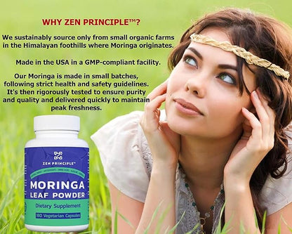 Zen Principle Organic Moringa Oleifera. Ultra-Premium. Provides an All Natural Energy Boost and Multi-Vitamin. A Raw Superfood, Vegan, No GMO and Gluten Free. 180 Capsules.