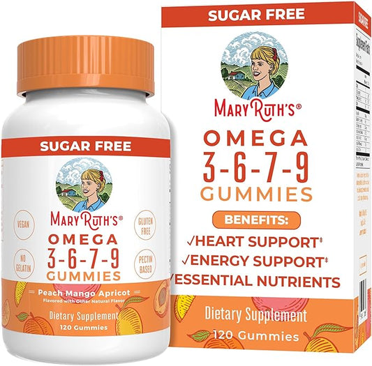 Vegan Omega 3 6 7 9 Gummies by MaryRuth's | Up to 4 Month Supply | Omega 3 Supplement with Flaxseed Oil | Omega 3 Gummies | No Fish Taste | Non-GMO | 120 Count