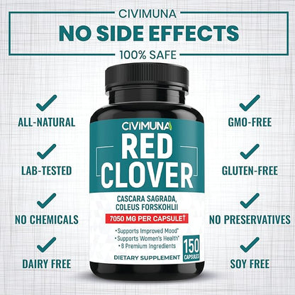 Red Clover Extract Capsules | 7050mg | 150 Capsules - 5 Months Supply | Red Clover, Cascara Sagrada Bark, Coleus Forskohlii.