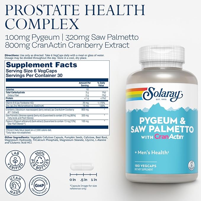 SOLARAY Pygeum and Saw Palmetto with CranActin - Prostate Health Supplement with Pygeum Bark, Saw Palmetto Extract and Cranberry Extract, Lab Verified, 60-Day Guarantee (180 CT)