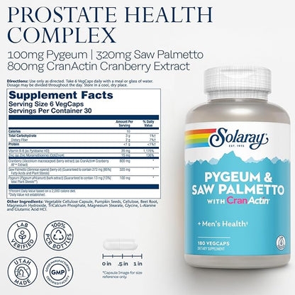 SOLARAY Pygeum and Saw Palmetto with CranActin - Prostate Health Supplement with Pygeum Bark, Saw Palmetto Extract and Cranberry Extract, Lab Verified, 60-Day Guarantee (180 CT)