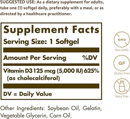 Solgar Vitamin D3 (Cholecalciferol) 125 MCG (5000 IU), 100 Softgels - Helps Maintain Healthy Bones & Teeth - Immune System Support - Non GMO, Gluten Free, Dairy Free - 100 Servings