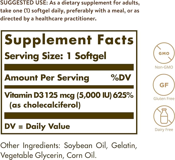 Solgar Vitamin D3 (Cholecalciferol) 125 mcg (5000 IU), 100 Softgels - Helps Maintain Healthy Bones & Teeth - Immune System Support - Non-GMO, Gluten Free, Dairy Free - 100 Servings