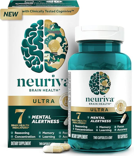 NEURIVA Ultra Decaffeinated Clinically Tested Nootropic Brain Supplement for Mental Alertness, Memory, Focus & Concentration, Cognivive, Neurofactor, Phosphatidylserine, Vitamins B6 B12, 60 Capsules