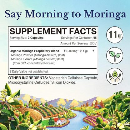 VITALITOWN Moringa Capsules 11,000 MG, Organic Moringa Supplement, Green Moringa Leaves, No Sticks, No Caffeine, Moringa Oleifera, Energy, Appetite, 90 Capsules