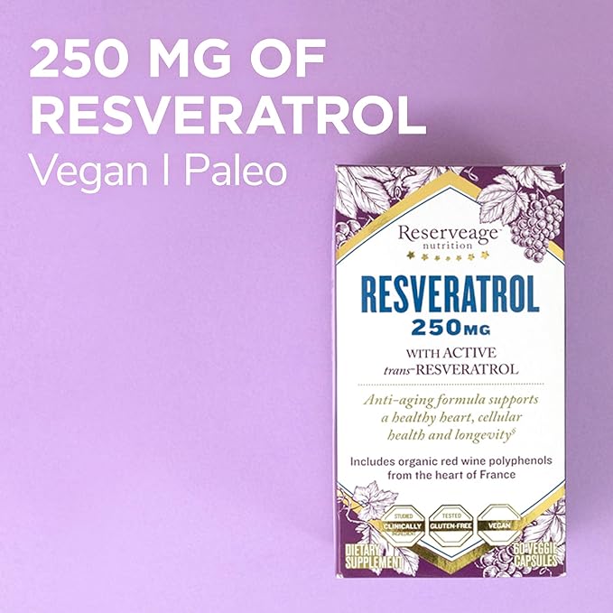 Reserveage Beauty, Resveratrol 250 mg, Antioxidant Supplement for Heart and Cellular Health, Supports Healthy Aging and Immune System, Paleo, Keto, 60 Capsules