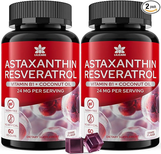 Sugar-Free Astaxanthin 24mg Gummies with Resveratrol, Vitamin B1, Coconut Oil - Powerful Antioxidants Supplement for Men & Women Healthy Aging, Skin, Eyes, Joints, Immune - Vegan, Non-GMO 120 Servings