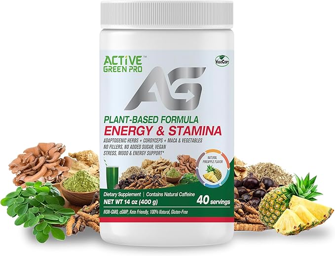 Energy & Stamina Powder, Blend of Adaptogenic Herbs, Cordyceps, Maca & Vegetables, Plant-Based Formula, No Fillers, No Sugar Added - 40 Servings